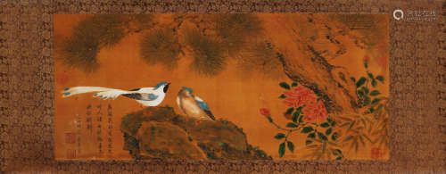 A CHINESE FLOWER AND BIRD PAINTING ON SILK, MOUNTED, QIAN YU...