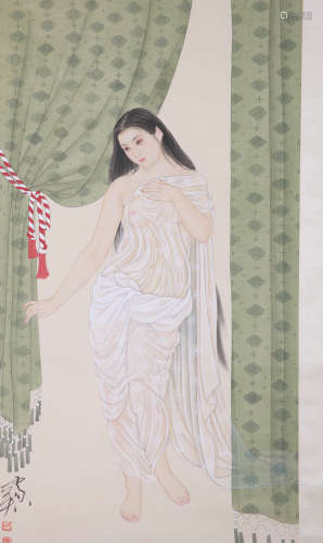 A CHINESE LADY PAINTING ON SILK, MOUNTED, HE JIAYING MARK