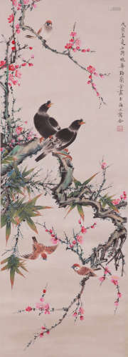 A CHINESE FLOWER AND BIRD PAINTING ON PAPER, HANGING SCROLL,...