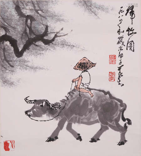 A CHINESE FIGURE PAINTING ON PAPER, MOUNTED, LI KERAN MARK