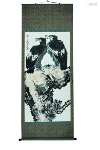 A CHINESE EAGLE PAINTING ON PAPER, HANGING SCROLL, LI KUCHAN...