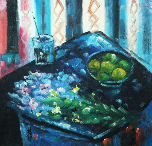 A NATURE MORTE OIL PAINTING ON CANVAS, LIN FENGMIAN