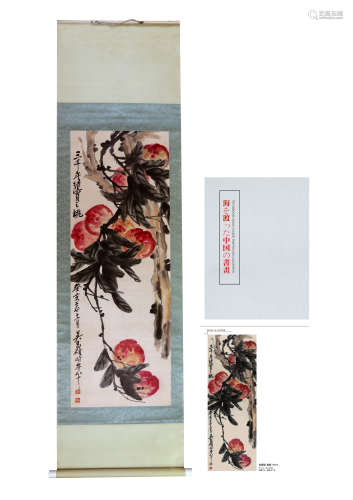 A CHINESE PEACH PAINTING ON PAPER, HANGING SCROLL, WU CHANGS...