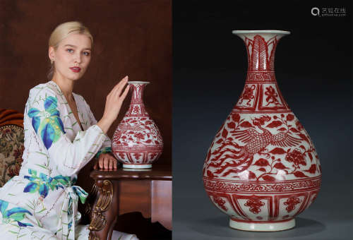 AN UNDERGLAZED - RED PHOENIX AND PEONY VASE