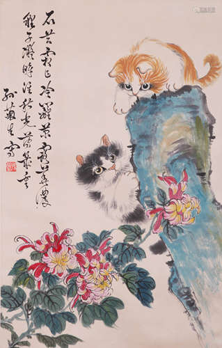 A CHINESE CAT PAINTING ON PAPER, MOUNTED, SUN JUSHENG MARK