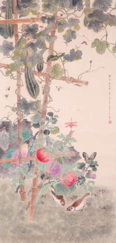 A CHINESE VEGETABLE PAINTING ON PAPER, MOUNTED, JIANG HANTIN...