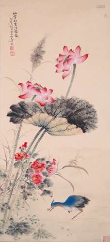 A CHINESE LOTUS PAINTING ON PAPER, MOUNTED, WU HUFAN MARK