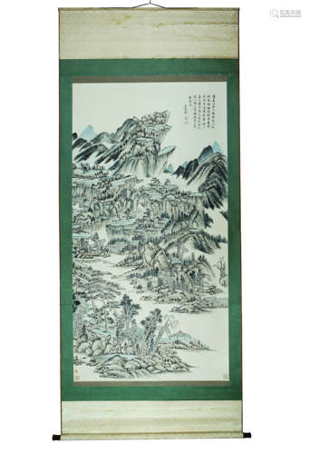 A CHINESE LANDSCAPE PAINTING ON PAPER, HANGING SCROLL, WANG ...