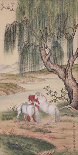 A CHINESE HORSE PAINTING ON SILK, HANGING SCROLL, MA JIN MAR...