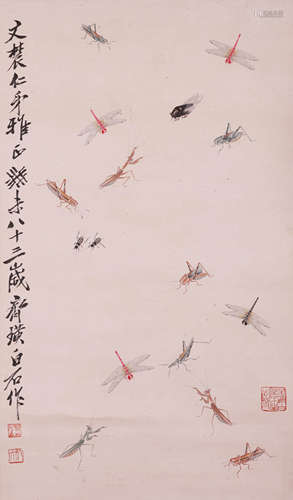 A CHINESE INSECT PAINTING ON PAPER, HANGING SCROLL, QI BAISH...