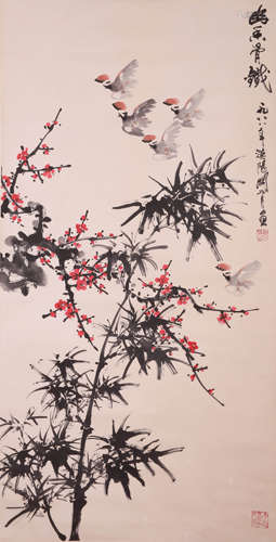 A CHINESE FLOWER AND BIRD PAINTING ON PAPER, HANGING SCROLL,...