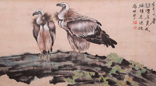 A CHINESE EAGLE PAINTING ON PAPER, HANGING SCROLL, XU BEIHON...