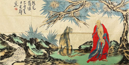 A CHINESE ARHAT PAINTING ON PAPER, HANGING SCROLL, FAN YANG ...