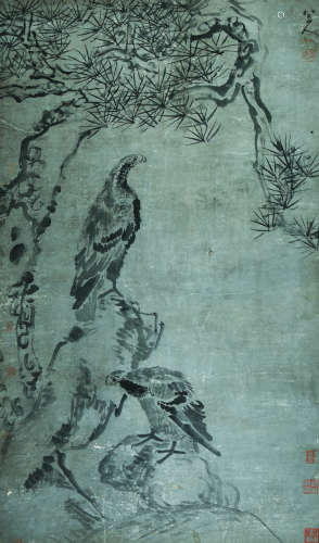 A CHINESE EAGLE AND PINE PAINTING ON PAPER, HANGING SCROLL, ...