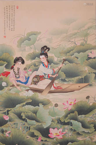 A CHINESE FIGURAL PAINTING ON SILK, HANGING SCROLL, HUANG JU...