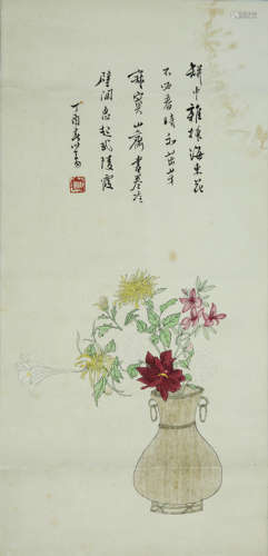 A CHINESE FLOWER PAINTING ON PAPER, MOUNTED, PU RU MARK