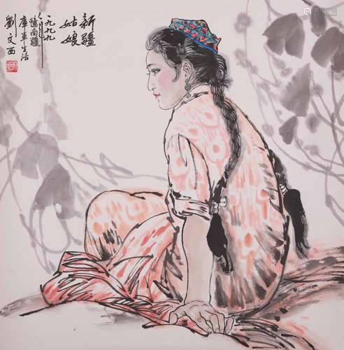 A CHINESE GIRL PAINTING ON PAPER, MOUNTED, LIU WENXI MARK