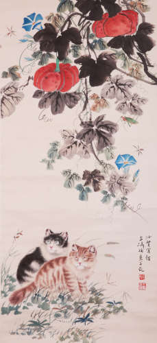 A CHINESE CAT PAINTING ON PAPER, HANGING SCROLL, WANG XUETAO...