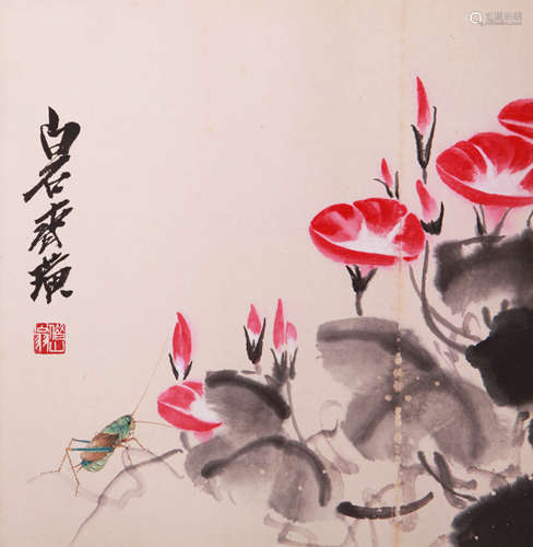 A CHINESE FLOWER PAINTING ON PAPER, MOUNTED, QI BAISHI MARK