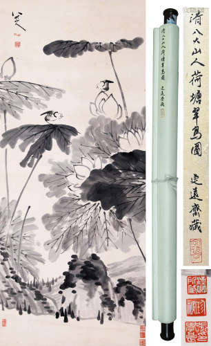 A CHINESE LOTUS POND PAINTING ON PAPER, HANGING SCROLL, BADA...