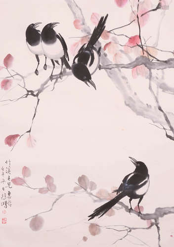 A CHINESE MAGPIE PAINTING ON PAPER, HANGING SCROLL, XU BEIHO...