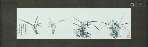 A CHINESE ORCHID PAINTING ON PAPER, MOUNTED, QIAN ZAI MARK