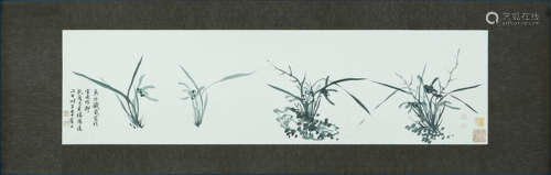 A CHINESE ORCHID PAINTING ON PAPER, MOUNTED, QIAN ZAI MARK