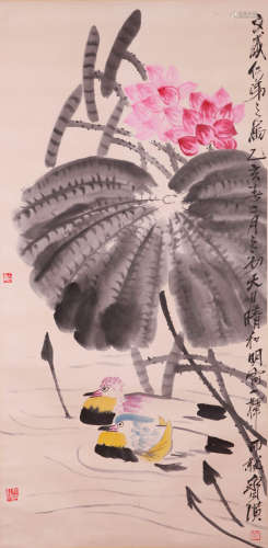 A CHINESE LOTUS POND PAINTING ON PAPER, HANGING SCROLL, QI B...