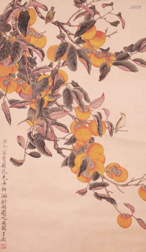 A CHINESE PERSIMMON PAINTING ON PAPER, HANGING SCROLL, YU FE...