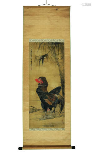 A CHINESE ROOSTER PAINTING ON SILK, HANGING SCROLL, LV JI MA...