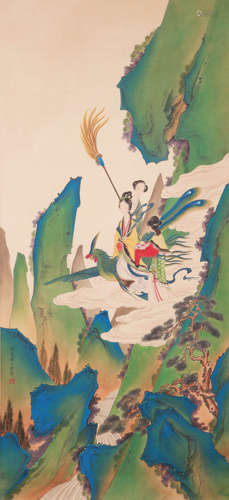 A CHINESE FIGURE AND CRANE PAINTING ON PAPER, HANGING SCROLL...