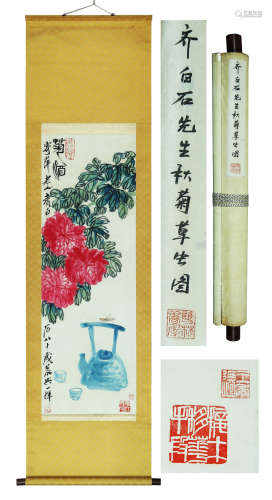 A CHINESE FLOWER PAINTING ON PAPER, HANGING SCROLL, QI BAISH...