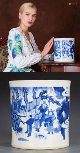 A BLUE AND WHITE FIGURES BRUSHPOT