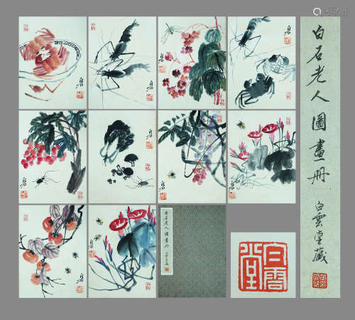 A CHINESE FLOWER PAINTING ON PAPER, ALBUM OF FIVE LEAVES, QI...