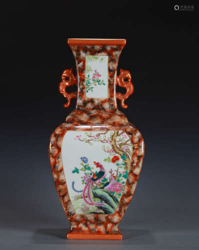 A FAUX-BOIS GLAZED FLOWER AND BIRD SQUARE VASE