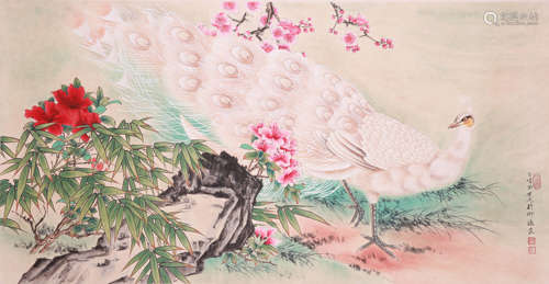 A CHINESE PEACOCK PAINTING ON PAPER, MOUNTED, TIAN SHIGUANG ...