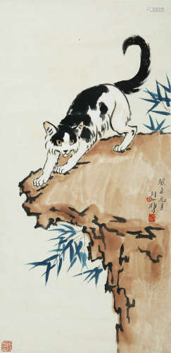 A CHINESE CAT PAINTING ON PAPER, MOUNTED, XU BEIHONG MARK