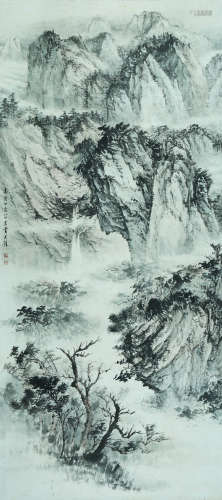 A CHINESE LANDSCAPE PAINTING ON PAPER, HANGING SCROLL, HUANG...