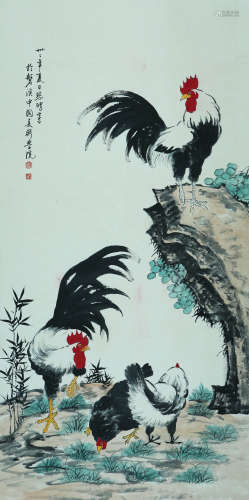 A CHINESE ROOSTER PAINTING ON PAPER, HANGING SCROLL, XU BEIH...