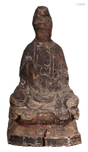 A CARVED WOOD FIGURE OF GUANYIN
