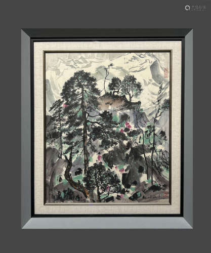LANDSCAPE, INK AND COLOR ON PAPER, MOUNTED AND FRAMED, WU GU...