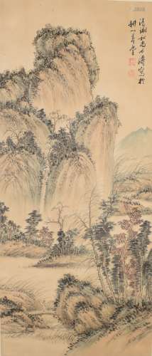 LANDSCAPE, INK AND COLOR ON PAPER, HANGING SCROLL, SHI TAO