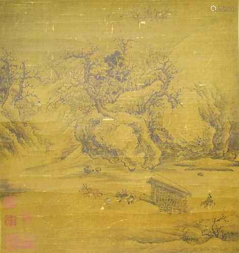 LANDSCAPE, INK AND COLOR ON SILK, MOUNTED, ANONYMOUS