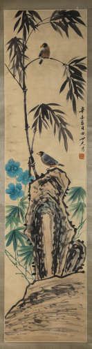 BAMBOOS AND BIRDS, INK AND COLOR ON PAPER, HANGING SCROLL, T...