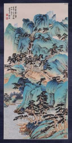 LANDSCAPE, INK AND COLOR ON PAPER, HANGING SCROLL, XIE ZHILI...