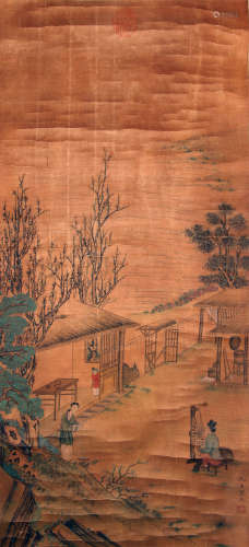 FIGURE STORY, INK AND COLOR ON SILK, HANGING SCROLL, QIU YIN...