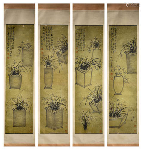 FLOWERS, INK AND COLOR ON PAPER, HANGING SCROLL, SET OF FOUR...