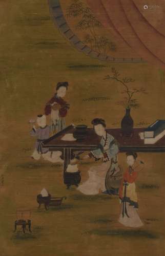 FIGURES, INK AND COLOR ON SILK, HANGING SCROLL, QIU YING