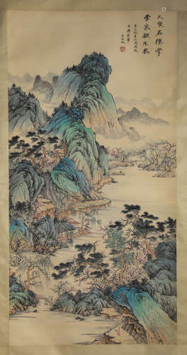 LANDSCAPE, INK AND COLOR ON PAPER, HANGING SCROLL, WU HUFAN