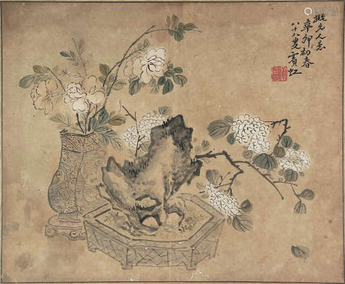 FLOWERS, INK AND COLOR ON PAPER, MOUNTED, HUANG BINHONG